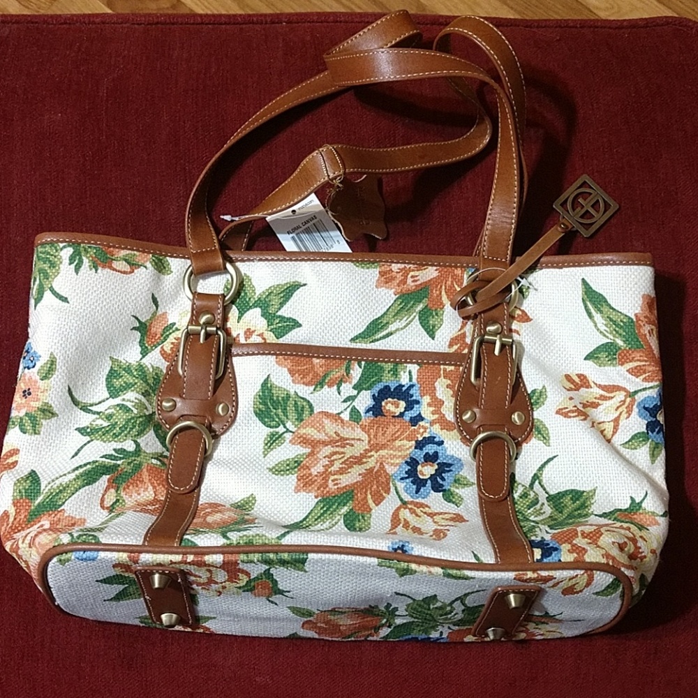 BNWT Floral canvas purse genuine leather